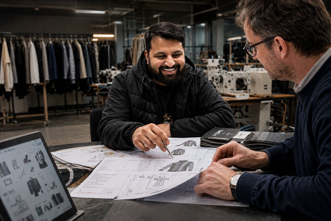 An H2MS director reviewing technical drawings with a client