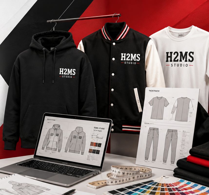 H2MS hoodie, varsity jacket and tee beside a laptop with technical flats